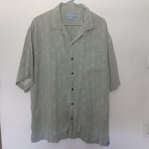 Bermuda Bay Silk Hawaiian Shirt Men's XL Green Floral Palm Trees Aloha